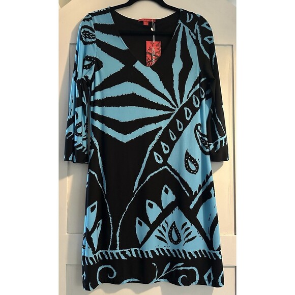 Nicola Antoni 3/4 Sleeve Flowy Blue & Black Sheath Stretch Dress Size L - Picture 2 of 4